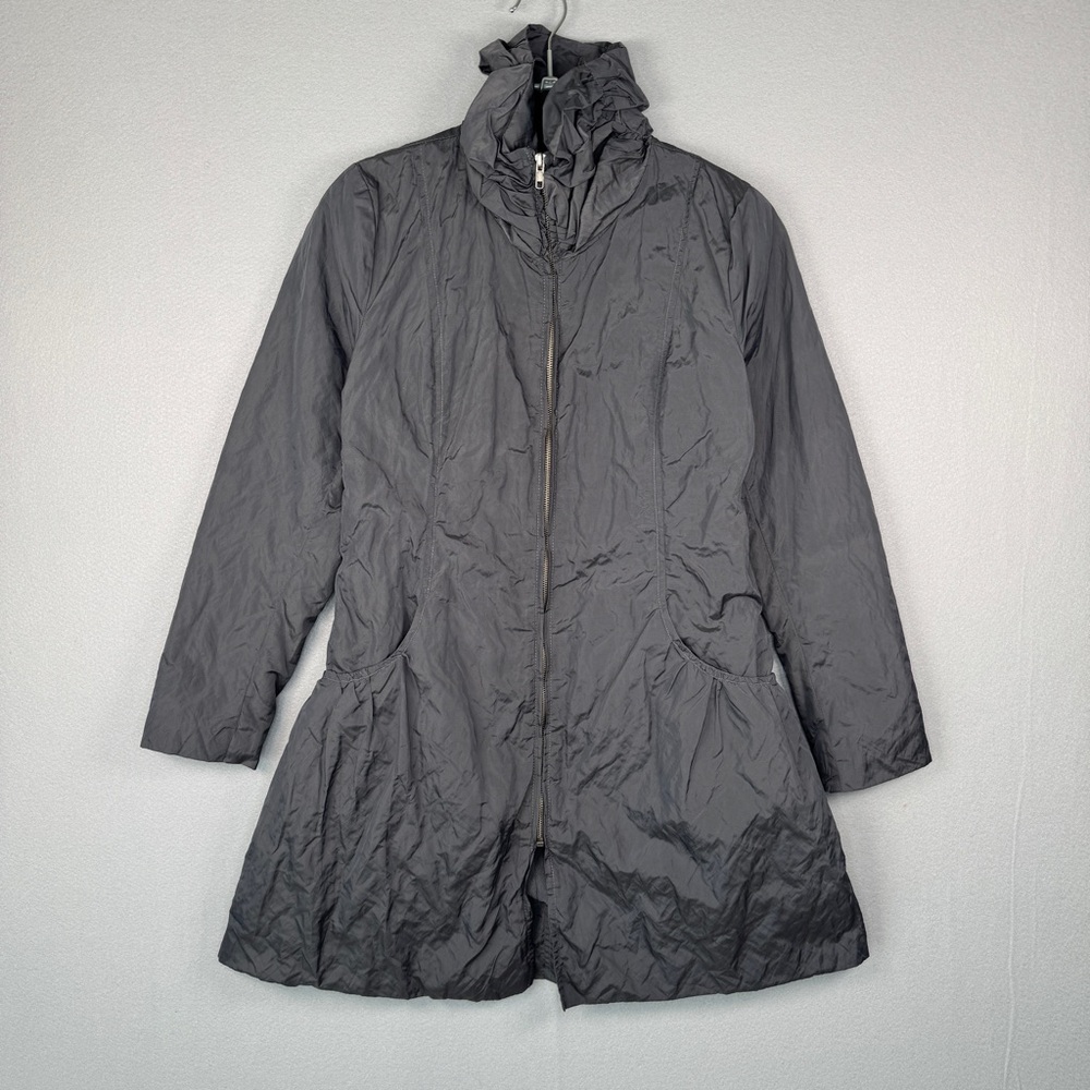 VTG UMBRALE Crinkle A Line Jacket XS Graphite Fleece Lined Ruffle‎ Collar Y2K